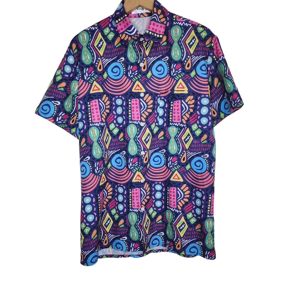 Kyku Shirt Bright Graphics Tribal Hawaiian Print Button Down Men Size Medium